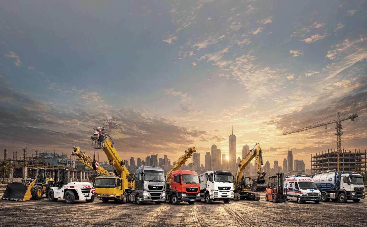 Darren Gulf fleet of cranes, trucks, loaders and tankers at sunset